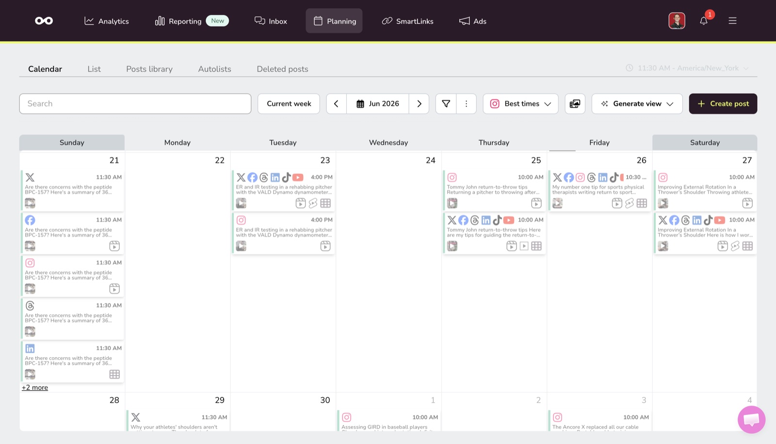 Scheduling dashboard showing a full month of Mike Reinold's posts queued across every platform